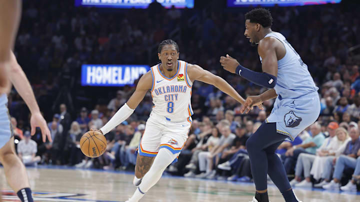 Mar 27, 2025; Oklahoma City, Oklahoma, USA; Oklahoma City Thunder forward Jalen Williams (8) drives to the basket against Memphis Grizzlies forward Jaren Jackson Jr. (13) during the second quarter at Paycom Center. Mandatory Credit: Alonzo Adams-Imagn Images Mar 27, 2025; Oklahoma City, Oklahoma, USA; Oklahoma City Thunder forward Jalen Williams (8) drives to the basket against Memphis Grizzlies forward Jaren Jackson Jr. (13) during the second quarter at Paycom Center. Mandatory Credit: Alonzo Adams-Imagn Images
