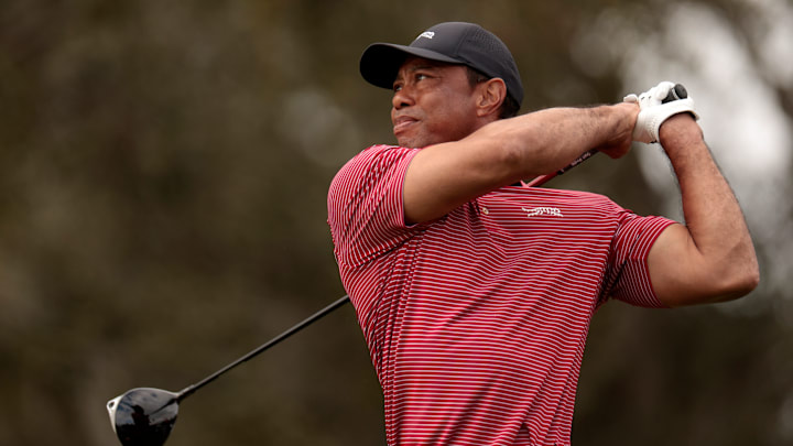 Tiger Woods tees off during the second round of the 2024 PNC Championship