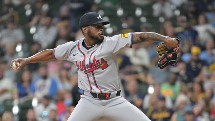 Jul 29, 2024; Milwaukee, Wisconsin, USA; Atlanta Braves relief pitcher Darius Vines (61) delivers a pitch against the Milwaukee Brewers in the eight inning at American Family Field. Mandatory Credit: Michael McLoone-Imagn Images
