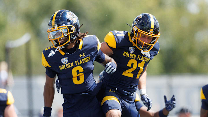 Kent State wide receiver Wayne Harris (6) and running back Cade Wolford (21) celebrate after Wolford’s touchdown against Merrimack College on Aug. 30, 2025, in Kent. Kent State wide receiver Wayne Harris (6) and running back Cade Wolford (21) celebrate after Wolford’s touchdown against Merrimack College on Aug. 30, 2025, in Kent.