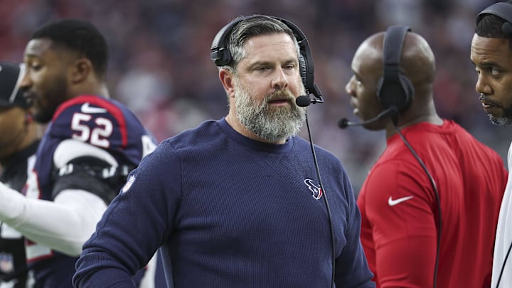 Jan 13, 2024; Houston, Texas, USA; Houston Texans defensive coordinator Matt Burke in a 2024 AFC wild card game against the Cleveland Browns at NRG Stadium. Mandatory Credit: Troy Taormina-USA TODAY Sports Jan 13, 2024; Houston, Texas, USA; Houston Texans defensive coordinator Matt Burke in a 2024 AFC wild card game against the Cleveland Browns at NRG Stadium. Mandatory Credit: Troy Taormina-USA TODAY Sports