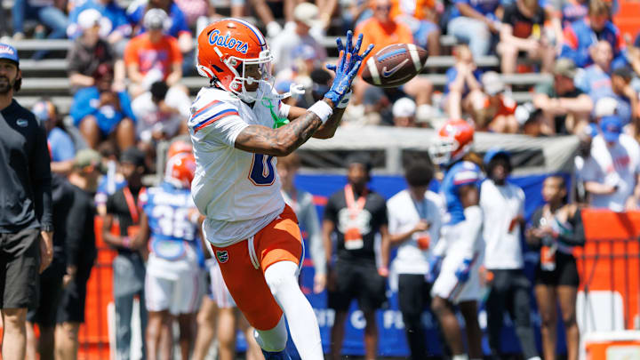 Florida wide receiver Nae'Shaun Montgomery (0) catches a pass before the 2025 spring game. Florida wide receiver Nae'Shaun Montgomery (0) catches a pass before the 2025 spring game.