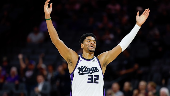 Oct 8, 2025; Sacramento, California, USA; Sacramento Kings center Dylan Cardwell (32) reacts after a play during the fourth quarter against the Toronto Raptors at Golden 1 Center. Mandatory Credit: Sergio Estrada-Imagn Images
