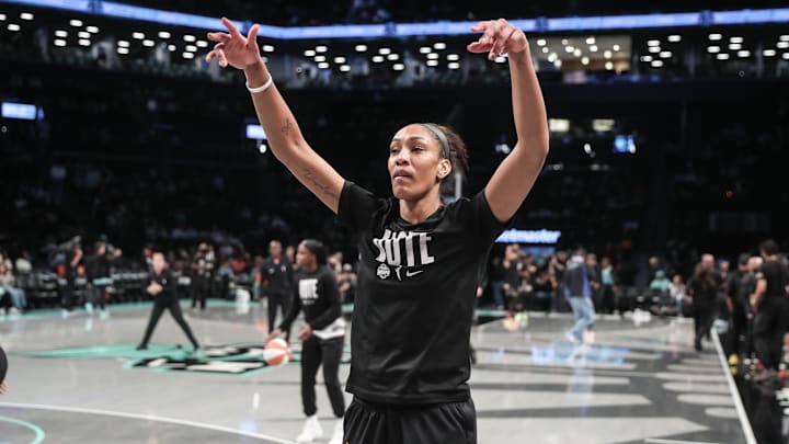 Oct 1, 2024; Brooklyn, New York, USA; Las Vegas Aces center A'ja Wilson (22) prior to game two of the 2024 WNBA Semi-finals at Barclays Center. 