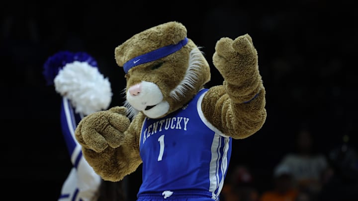 Mar 28, 2025; Indianapolis, IN, USA; The Kentucky Wildcats mascot performs in the first half during a Midwest Regional semifinal of the 2025 NCAA tournament at Lucas Oil Stadium. Mandatory Credit: Trevor Ruszkowski-Imagn Images