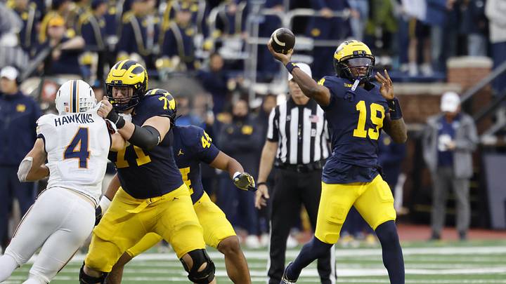 Sep 19, 2026; Ann Arbor, Michigan, USA;  Michigan Wolverines quarterback Bryce Underwood (19) makes a throw against the Texas El Paso Miners during the third quarter at Michigan Stadium.  Mandatory Credit: Rick Osentoski-Imagn Images