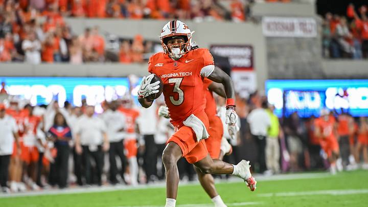 Sep 5, 2026; Blacksburg, Virginia, USA; Virginia Tech Hokies wide receiver Que'sean Brown (3) runs for a touchdown after a catch during the second quarter against the VMI Keydets at Lane Stadium. Mandatory Credit: Brian Bishop-Imagn Images Sep 5, 2026; Blacksburg, Virginia, USA; Virginia Tech Hokies wide receiver Que'sean Brown (3) runs for a touchdown after a catch during the second quarter against the VMI Keydets at Lane Stadium. Mandatory Credit: Brian Bishop-Imagn Images