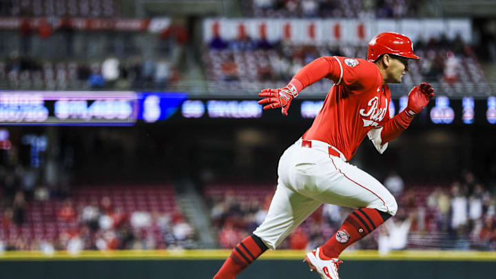 Apr 16, 2025; Cincinnati, Ohio, USA; Cincinnati Reds first baseman Christian Encarnacion-Strand (33) runs to second after hitting a two-run double in the seventh inning against the Seattle Mariners at Great American Ball Park. Mandatory Credit: Katie Stratman-Imagn Images