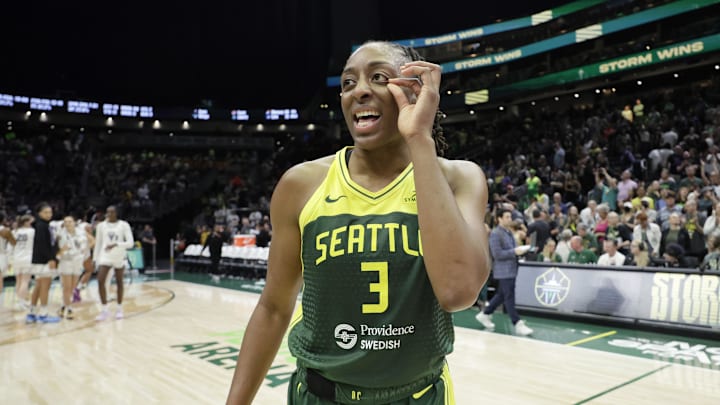 Jul 16, 2025; Seattle, Washington, USA; Seattle Storm forward Nneka Ogwumike (3) on the court after a win over the Golden State Valkyries at Climate Pledge Arena. Mandatory Credit: John Froschauer-Imagn Images