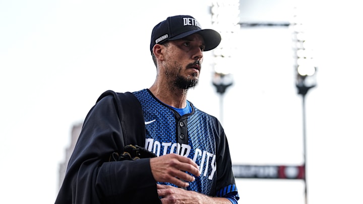 Detroit Tigers pitcher Charlie Morton (50) walks into the dugout before pitching against Atlanta Braves for the first inning at Comerica Park in Detroit on Friday, Sept. 19, 2025.