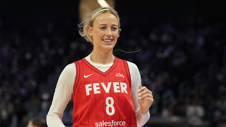Jun 19, 2025; San Francisco, California, USA; Indiana Fever guard Sophie Cunningham (8) during the fourth quarter against the Golden State Valkyries at Chase Center. Mandatory Credit: Darren Yamashita-Imagn Images