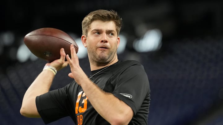 Feb 28, 2026; Indianapolis, IN, USA; LSU quarterback Garrett Nussmeier (QB13) during the NFL Scouting Combine at Lucas Oil Stadium. Mandatory Credit: Kirby Lee-Imagn Images
