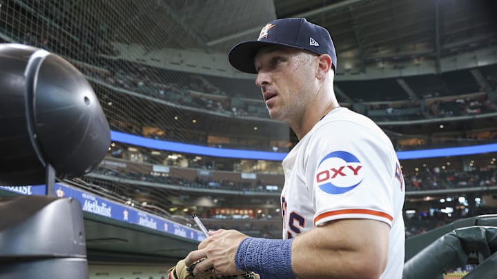 Houston Astros third baseman Alex Bregman (2) signs autographs before the game against the Toronto Blue Jays at Minute Maid Park in 2024. Houston Astros third baseman Alex Bregman (2) signs autographs before the game against the Toronto Blue Jays at Minute Maid Park in 2024.