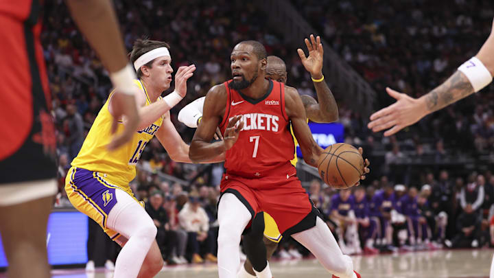 Mar 16, 2026; Houston, Texas, USA; Houston Rockets forward Kevin Durant (7) dribbles the ball as Los Angeles Lakers guard Austin Reaves (15) defends during the first quarter at Toyota Center. Mandatory Credit: Troy Taormina-Imagn Images Mar 16, 2026; Houston, Texas, USA; Houston Rockets forward Kevin Durant (7) dribbles the ball as Los Angeles Lakers guard Austin Reaves (15) defends during the first quarter at Toyota Center. Mandatory Credit: Troy Taormina-Imagn Images