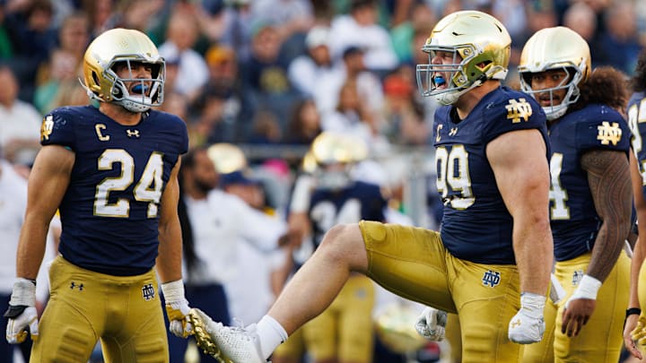 Notre Dame defensive lineman Rylie Mills (99) celebrates getting a sack during a NCAA college football game between Notre Dame and Stanford at Notre Dame Stadium on Saturday, Oct. 12, 2024, in South Bend.