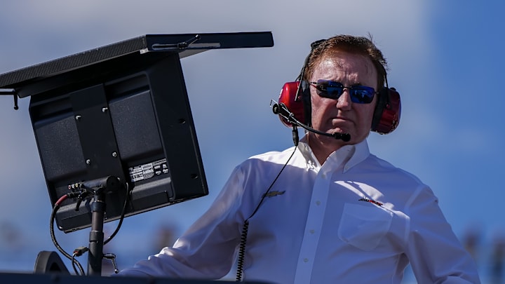 Oct 28, 2023; Martinsville, Virginia, USA; Richard Childress watches practice at Martinsville Speedway.
