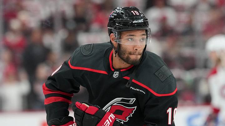 May 21, 2026; Raleigh, North Carolina, USA; Carolina Hurricanes defenseman K'andre Miller (19) looks on during warmups before game one of the Eastern Conferene Final against the Montreal Canadiens of the 2026 Stanley Cup Playoffs at Lenovo Center. Mandatory Credit: James Guillory-Imagn Images