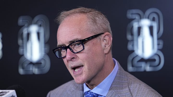 May 14, 2025; Toronto, Ontario, CAN; Florida Panthers head coach Paul Maurice during the post game media conference after game five of the second round of the 2025 Stanley Cup Playoffs against the Toronto Maple Leafs at Scotiabank Arena. Mandatory Credit: John E. Sokolowski-Imagn Images