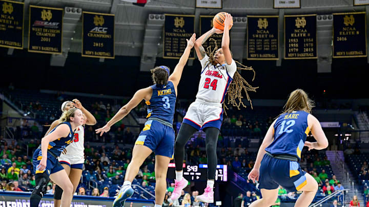 Mar 23, 2024; South Bend, Indiana, USA; Ole Miss Rebels forward Madison Scott (24) shoots over
