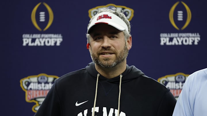 Jan 1, 2026; New Orleans, LA, USA; Ole Miss Rebels head coach Pete Golding smiles from the stage after defeating the Georgia Bulldogs during the 2025 Sugar Bowl and quarterfinal game of the College Football Playoff at Caesars Superdome. Mandatory Credit: Amber Searls-Imagn Images