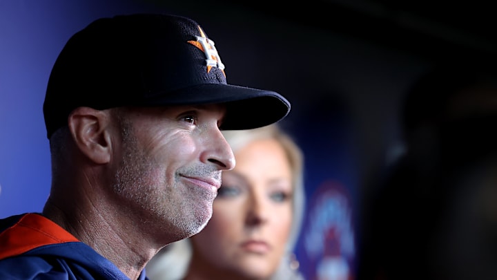 May 22, 2025; Houston, Texas, USA; Houston Astros manager Joe Espada (19) talks with the media in the dugout prior to the game against the Seattle Mariners at Daikin Park. Mandatory Credit: Erik Williams-Imagn Images