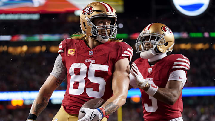 January 20, 2024; Santa Clara, CA, USA; San Francisco 49ers tight end George Kittle (85) celebrates
