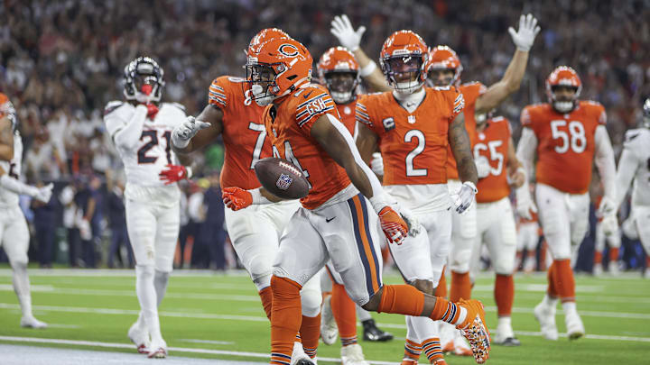 Sep 15, 2024; Houston, Texas, USA; Chicago Bears running back Khalil Herbert (24) reacts after scoring a touchdown during the second quarter against the Houston Texans at NRG Stadium. Mandatory Credit: Troy Taormina-Imagn Images