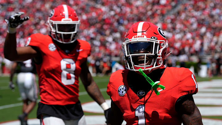 Georgia wide receiver Zachariah Branch (1) celebrates after pulling in a deep pass for a big gain during the Georgia G-Day spring football game in Athens, Ga., on Saturday, April 12, 2025.