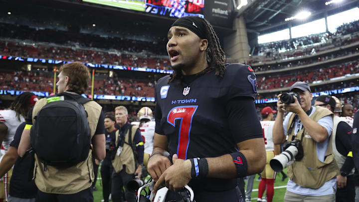 Oct 26, 2025; Houston, Texas, USA; Houston Texans quarterback C.J. Stroud (7) reacts on the field after the game against the San Francisco 49ers at NRG Stadium. Mandatory Credit: Troy Taormina-Imagn Images Oct 26, 2025; Houston, Texas, USA; Houston Texans quarterback C.J. Stroud (7) reacts on the field after the game against the San Francisco 49ers at NRG Stadium. Mandatory Credit: Troy Taormina-Imagn Images
