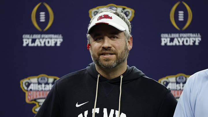 Jan 1, 2026; New Orleans, LA, USA; Ole Miss Rebels head coach Pete Golding smiles from the stage after defeating the Georgia Bulldogs during the 2026 Sugar Bowl and quarterfinal game of the College Football Playoff at Caesars Superdome. Mandatory Credit: Amber Searls-Imagn Images