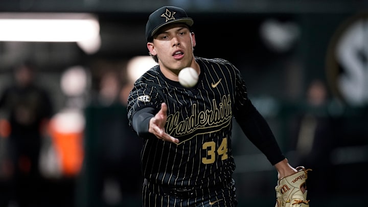 Vanderbilt pitcher Brennan Seiber (34) fields a ground out hit by Tennessee catcher Stone Lawless during the ninth inning at Hawkins Field in Nashville, Tenn., Friday, March 27, 2026.