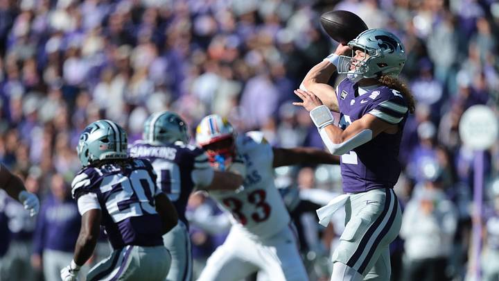 Kansas State Wildcats quarterback Avery Johnson (2) throws a pass against Kansas Jayhawks during the Sunflower Showdown game at Bill Snyder Family Stadium in Manhattan, Kansas on Oct. 17, 2026. Kansas State Wildcats quarterback Avery Johnson (2) throws a pass against Kansas Jayhawks during the Sunflower Showdown game at Bill Snyder Family Stadium in Manhattan, Kansas on Oct. 17, 2026.