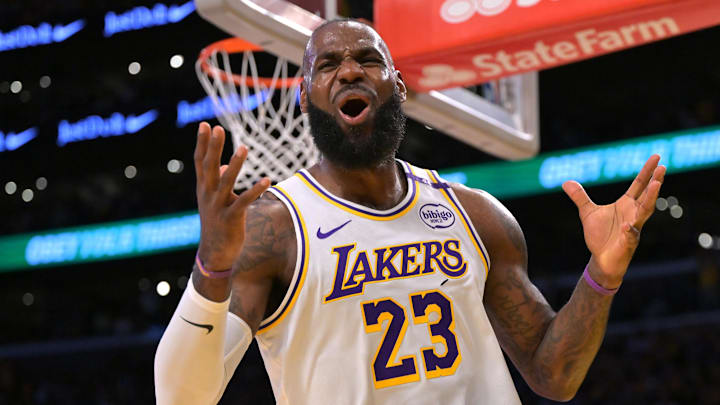 Los Angeles Lakers forward LeBron James (23) reacts after missing a pass in the first quarter against the Minnesota Timberwolves at Crypto.com Arena on April 19, 2025. Los Angeles Lakers forward LeBron James (23) reacts after missing a pass in the first quarter against the Minnesota Timberwolves at Crypto.com Arena on April 19, 2025.