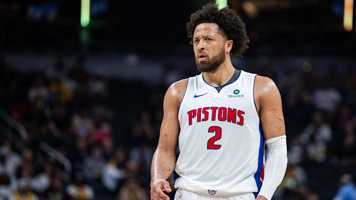 Apr 12, 2026; Indianapolis, Indiana, USA;  Detroit Pistons guard Cade Cunningham (2) in the first half against the Indiana Pacers at Gainbridge Fieldhouse. Mandatory Credit: Trevor Ruszkowski-Imagn Images