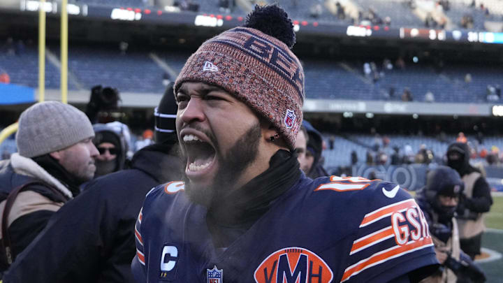 Dec 14, 2025; Chicago, Illinois, USA; Chicago Bears quarterback Caleb Williams (18) celebrates after defeating the Cleveland Browns at Soldier Field. Mandatory Credit: David Banks-Imagn Images Dec 14, 2025; Chicago, Illinois, USA; Chicago Bears quarterback Caleb Williams (18) celebrates after defeating the Cleveland Browns at Soldier Field. Mandatory Credit: David Banks-Imagn Images
