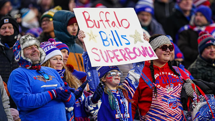 Jan 5, 2025; Foxborough, Massachusetts, USA; A Buffalo Bills fan holds up a sign as they take on the New England Patriots in the second half at Gillette Stadium. Jan 5, 2025; Foxborough, Massachusetts, USA; A Buffalo Bills fan holds up a sign as they take on the New England Patriots in the second half at Gillette Stadium.