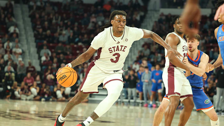 Feb 11, 2025; Starkville, Mississippi, USA; Mississippi State Bulldogs forward KeShawn Murphy (3) drives against the Florida Gators during the second half at Humphrey Coliseum. Mandatory Credit: Wesley Hale-Imagn Images