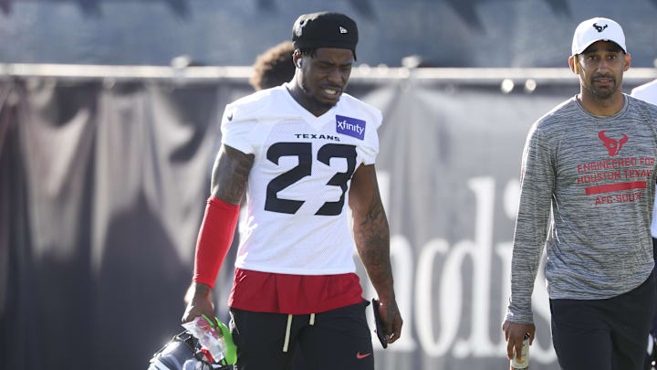 Jul 23, 2025; Houston, TX, USA;  Houston Texans safety C.J. Gardner-Johnson (23) during training camp at Houston Methodist Training Center. Mandatory Credit: Troy Taormina-Imagn Images