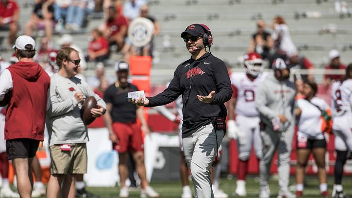 Apr 25, 2026; Fayetteville, AR, USA; Arkansas Razorbacks head coach Ryan Silverfield looks over to the sidelines during the spring game at Donald W. Reynolds Razorback Stadium. Mandatory Credit: Brett Rojo-Imagn Images Apr 25, 2026; Fayetteville, AR, USA; Arkansas Razorbacks head coach Ryan Silverfield looks over to the sidelines during the spring game at Donald W. Reynolds Razorback Stadium. Mandatory Credit: Brett Rojo-Imagn Images