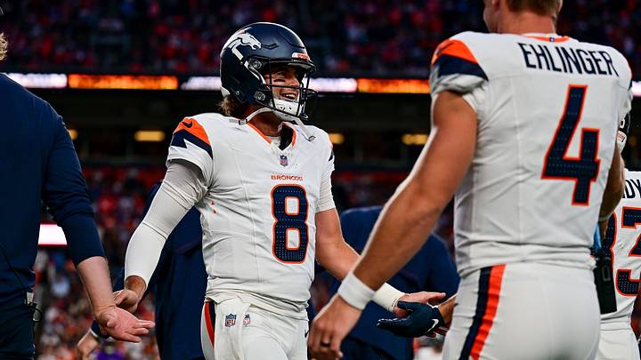 DENVER, CO - AUGUST 28: Denver Broncos quarterback Jarrett Stidham (8) celebrates after a touchdown drive in the first quarter during a preseason game between the Minnesota Vikings and the Denver Broncos at Empower Field at Mile High on August 28, 2026 in Denver, Colorado. DENVER, CO - AUGUST 28: Denver Broncos quarterback Jarrett Stidham (8) celebrates after a touchdown drive in the first quarter during a preseason game between the Minnesota Vikings and the Denver Broncos at Empower Field at Mile High on August 28, 2026 in Denver, Colorado.
