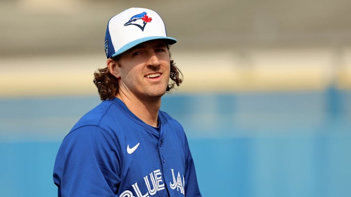 Feb 16, 2024; Dunedin, FL, USA; Toronto Blue Jays starting pitcher Kevin Gausman (34) works out at