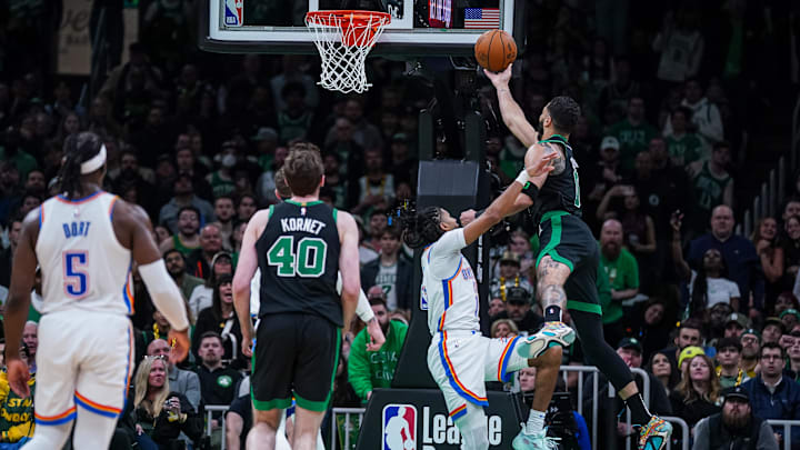 Mar 12, 2025; Boston, Massachusetts, USA; Boston Celtics forward Jayson Tatum (0) scores and one against the Oklahoma City Thunder in the third quarter at TD Garden. Mandatory Credit: David Butler II-Imagn Images Mar 12, 2025; Boston, Massachusetts, USA; Boston Celtics forward Jayson Tatum (0) scores and one against the Oklahoma City Thunder in the third quarter at TD Garden. Mandatory Credit: David Butler II-Imagn Images