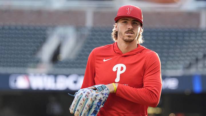 Oct 1, 2026; Cumberland, Georgia, USA;  Philadelphia Phillies infielder Bryson Stott (5) warms up before game three of the Wildcard round for the 2026 MLB Playoffs at Truist Field.  Mandatory Credit: Dale Zanine-Imagn Images