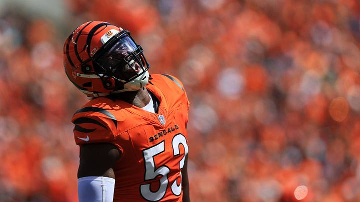Sep 13, 2026; Cincinnati, Ohio, USA;  Cincinnati Bengals defensive end Boye Mafe (53) reacts after a play during the second quarter at Paycor Stadium.  Mandatory Credit: Katie Stratman-Imagn Images
