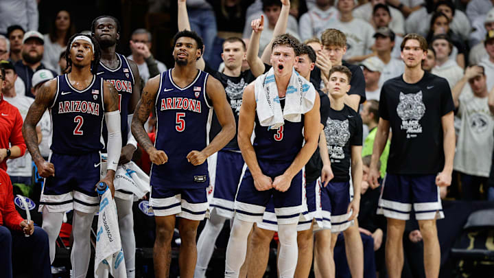 Feb 10, 2024; Boulder, Colorado, USA; Arizona Wildcats guard Caleb Love (2) and guard KJ Lewis (5)