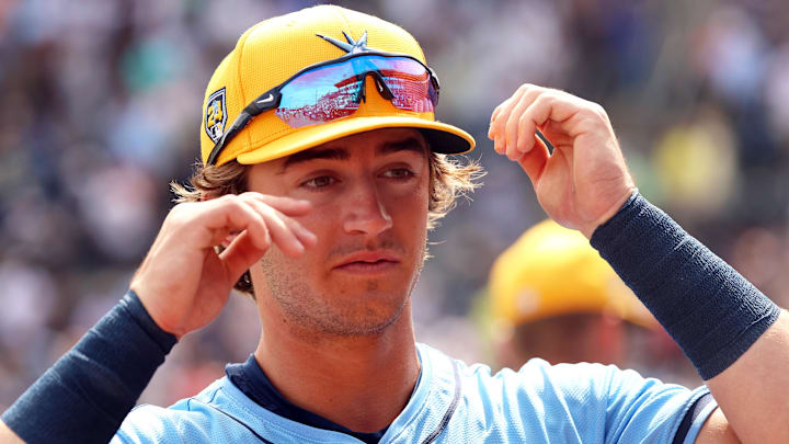 Mar 6, 2024; Tampa, Florida, USA;  Tampa Bay Rays infielder Carson Williams (80) looks on before the game against the New York Yankees at George M. Steinbrenner Field. Mandatory Credit: Kim Klement Neitzel-Imagn Images