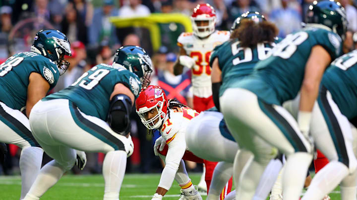 Feb 12, 2023; Glendale, Arizona, US; Kansas City Chiefs defensive end Mike Danna (51) lines up at the line of scrimmage against the Philadelphia Eagles during the first quarter of Super Bowl LVII at State Farm Stadium. Mandatory Credit: Mark J. Rebilas-Imagn Images