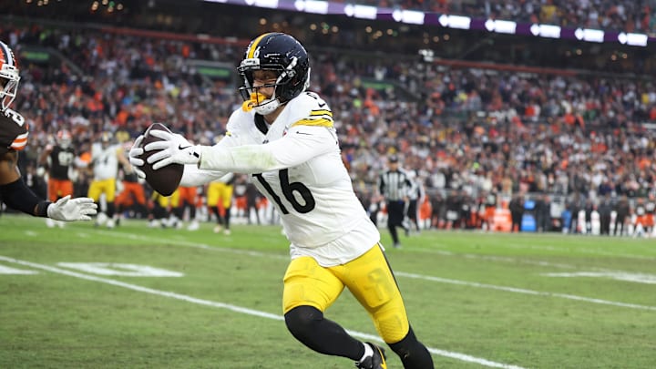 Dec 28, 2025; Cleveland, Ohio, USA; Pittsburgh Steelers wide receiver Adam Thielen (16) runs with the ball after a catch in the fourth quarter against the Cleveland Browns at Huntington Bank Field. Mandatory Credit: Scott Galvin-Imagn Images