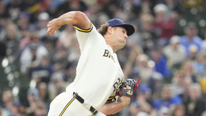 Apr 16, 2026; Milwaukee, Wisconsin, USA; Milwaukee Brewers relief pitcher Trevor Megill (29) delivers a pitch agaisnt he Toronto Blue Jays in the eighth inning at American Family Field. Mandatory Credit: Michael McLoone-Imagn Images
