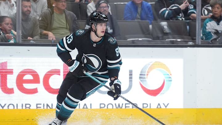 Feb 17, 2024; San Jose, California, USA; San Jose Sharks defenseman Nikita Okhotiuk (83) skates with